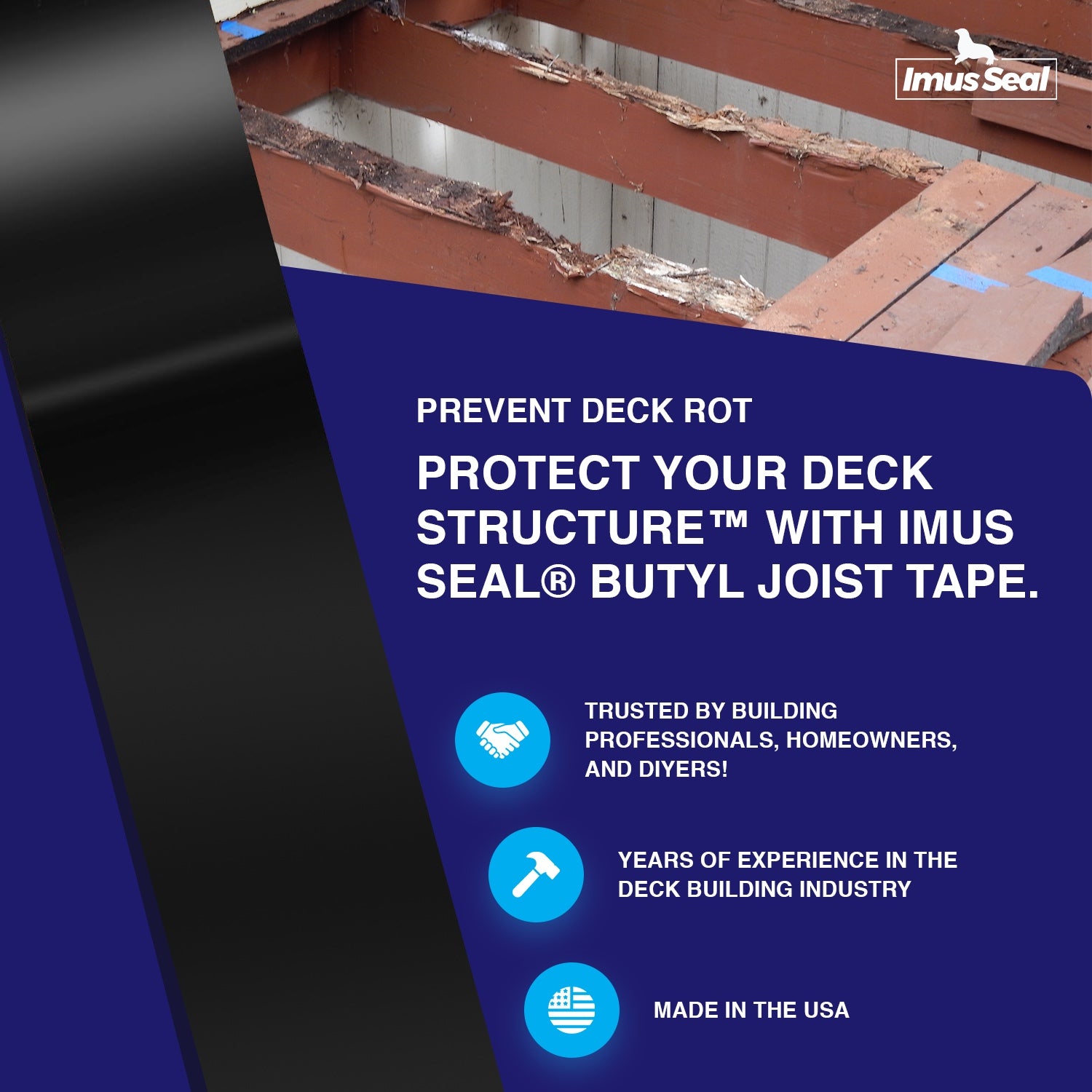 Imus Seal Butyl Joist Tape Non-Skid Prevent Deck Rot Infographic