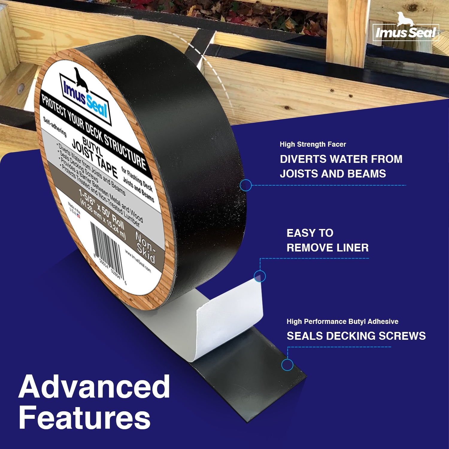 Imus Seal Butyl Joist Tape Non-Skid Features Infographic